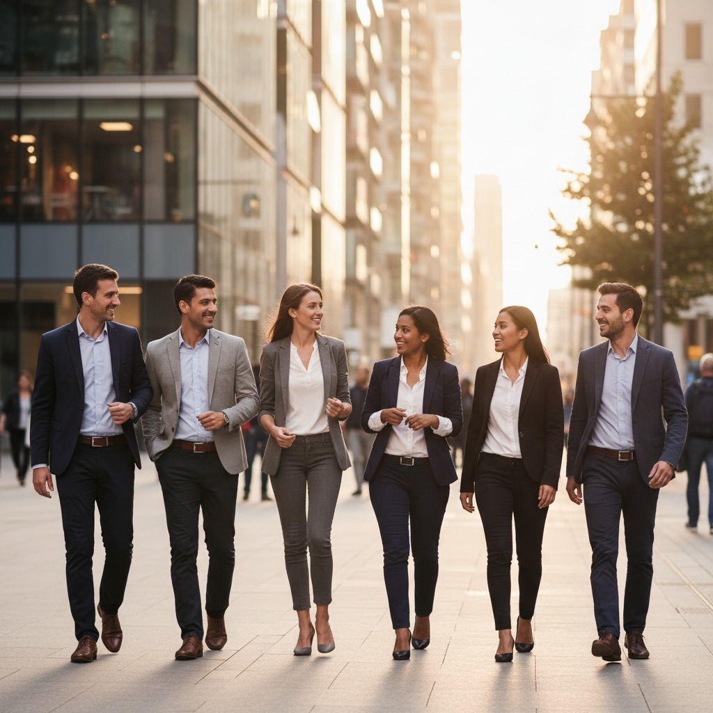 Six business professionals in business-casual attire walk together down a sunlit city street, talking and smiling.
