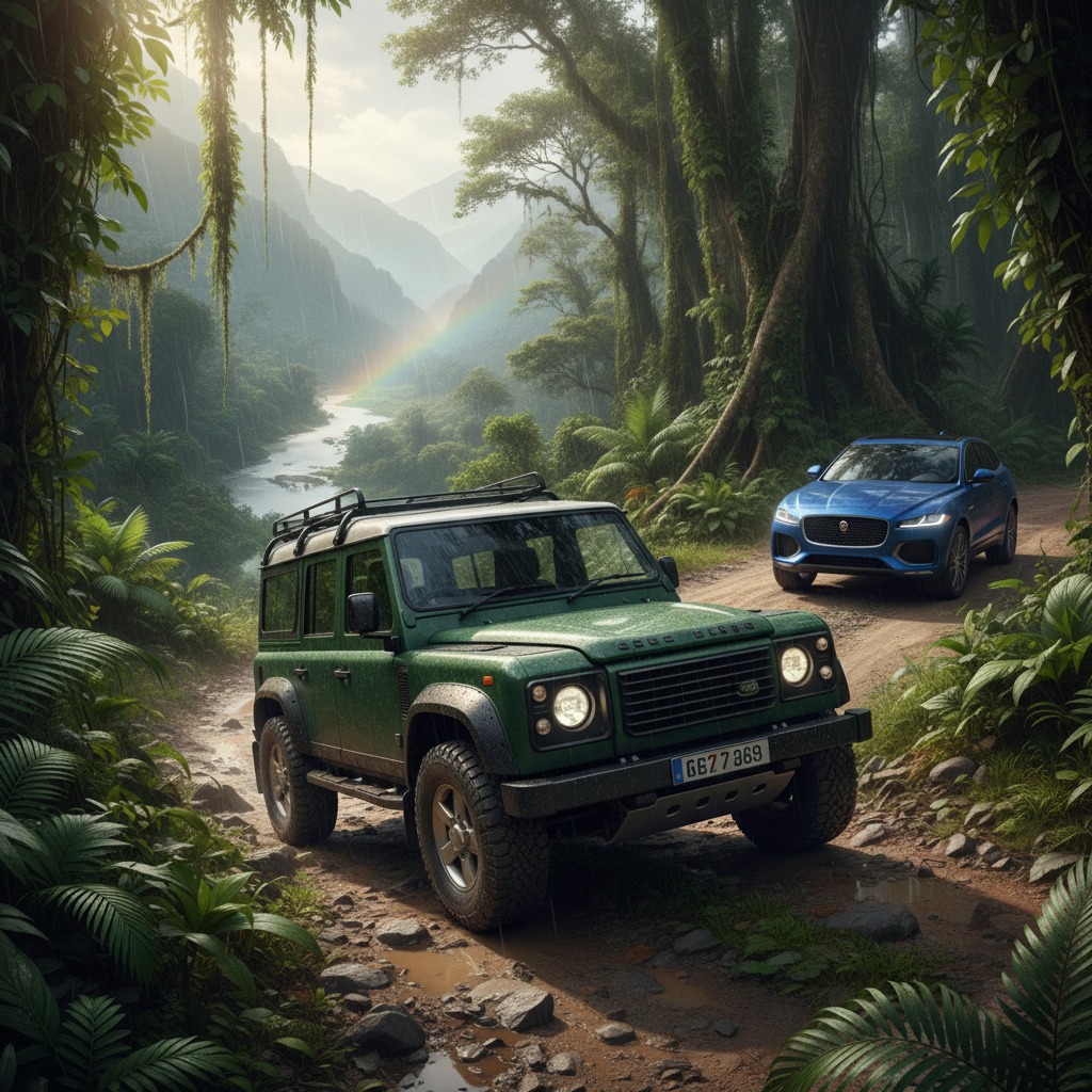 A green Land Rover and a blue Jaguar SUV are parked on a muddy jungle road with mountains and a river in the background.