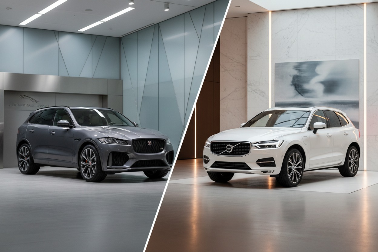 Split-screen image comparing a grey Jaguar SUV parked in a modern showroom on the left with a white Volvo SUV in a minimalist showroom on the right.